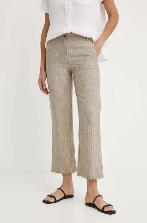 Ľanové nohavice Sisley béžová farba, rovné, vysoký pás