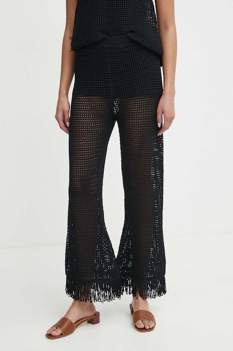 Sisley pantaloni femei, culoarea negru, drept, high waist