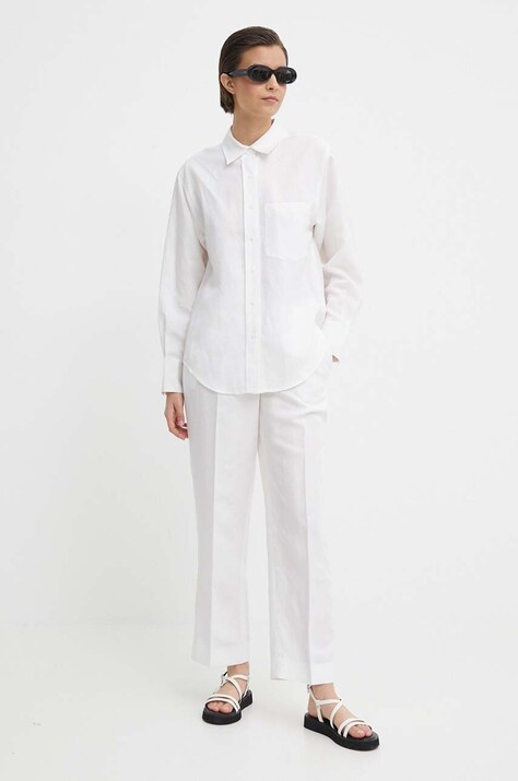 Nohavice s prímesou ľanu Calvin Klein biela farba,rovné,vysoký pás,K20K206695