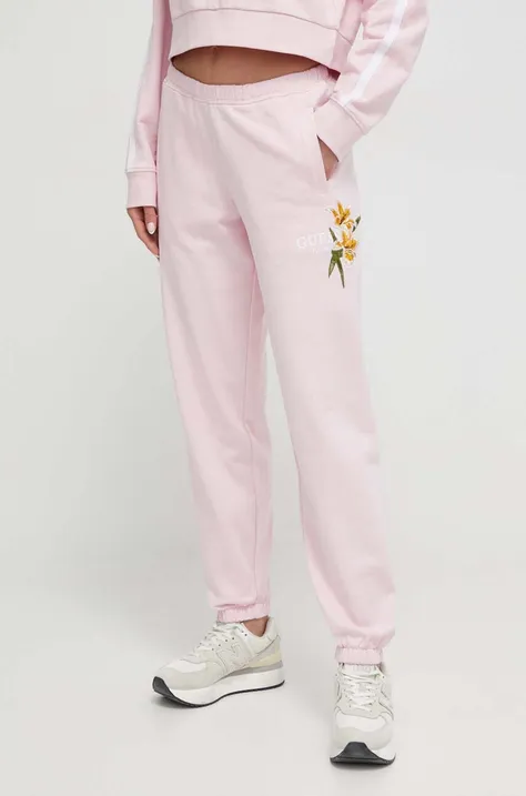 Guess spodnie dresowe bawełniane ZOEY kolor różowy z aplikacją V4GB04 KC6V1