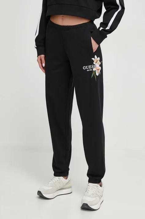 Бавовняні спортивні штани Guess колір чорний з аплікацією