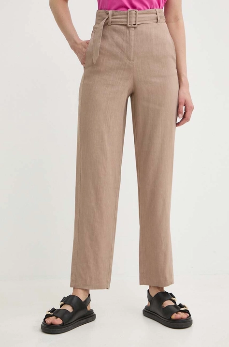 Marella pantaloni din in culoarea bej, drept, high waist, 2413131055200 2413130000000