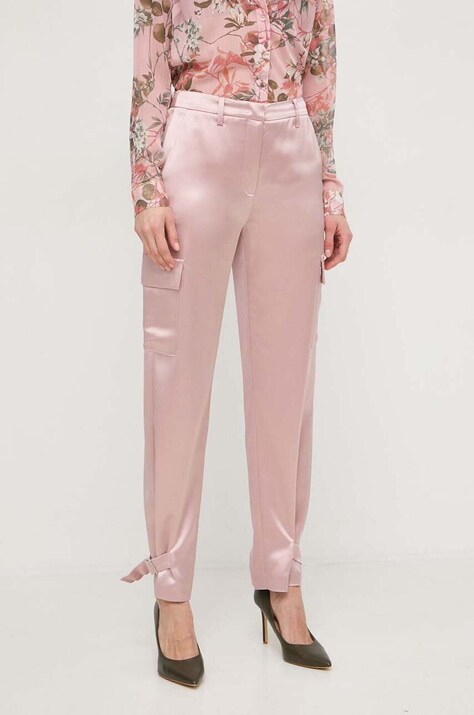 Guess pantaloni femei, culoarea roz, drept, high waist