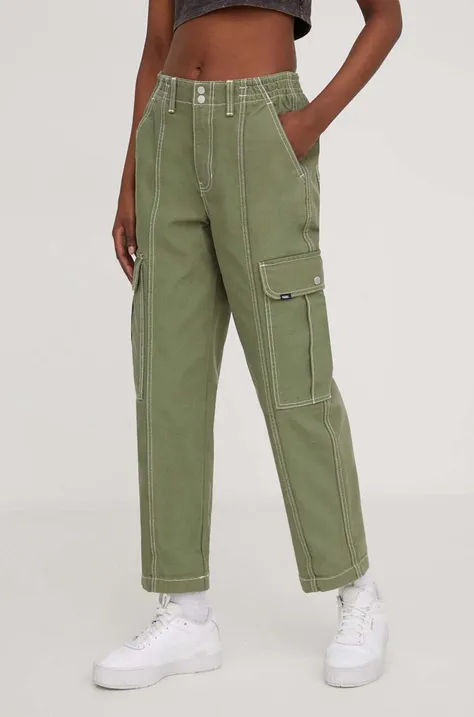 Vans pantaloni femei, culoarea verde, drept, high waist