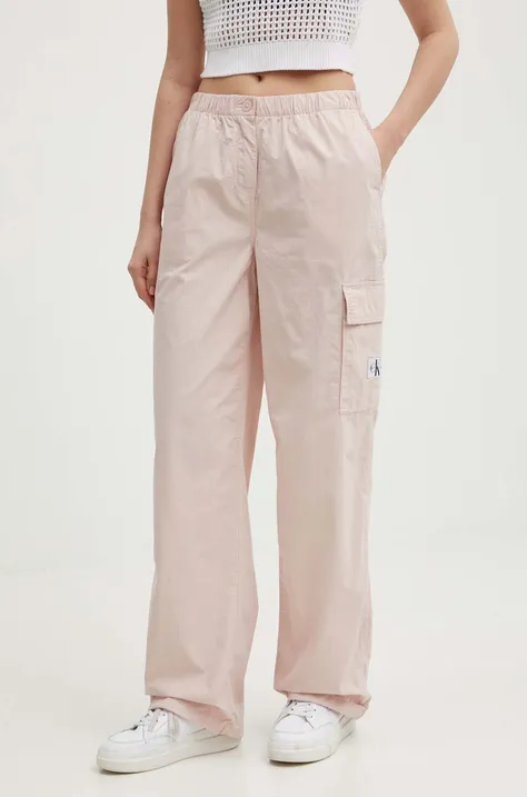 Calvin Klein Jeans pantaloni de bumbac culoarea roz, drept, high waist, J20J223116