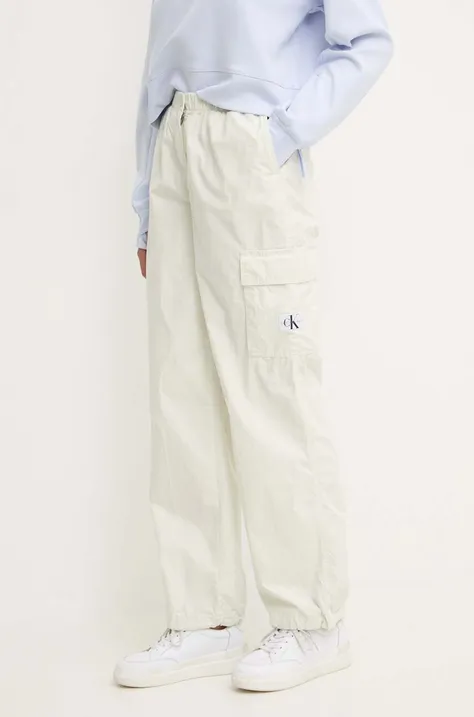 Calvin Klein Jeans pantaloni de bumbac culoarea alb, drept, high waist, J20J223116