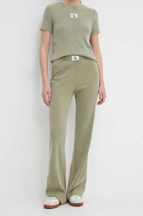 Calvin Klein Jeans nadrág női, zöld, magas derekú trapéz
