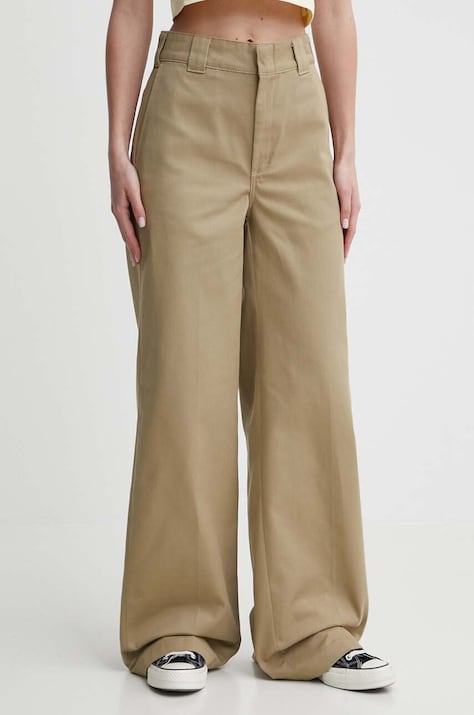 Kalhoty Dickies WIDE LEG WORK PANT W dámské, zelená barva, široké, high waist, DK0A4YSE
