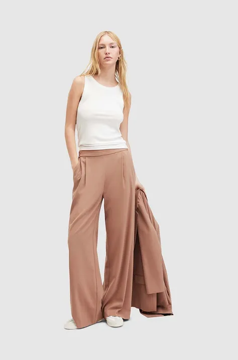 Kalhoty AllSaints ALEIDA dámské, hnědá barva, široké, high waist