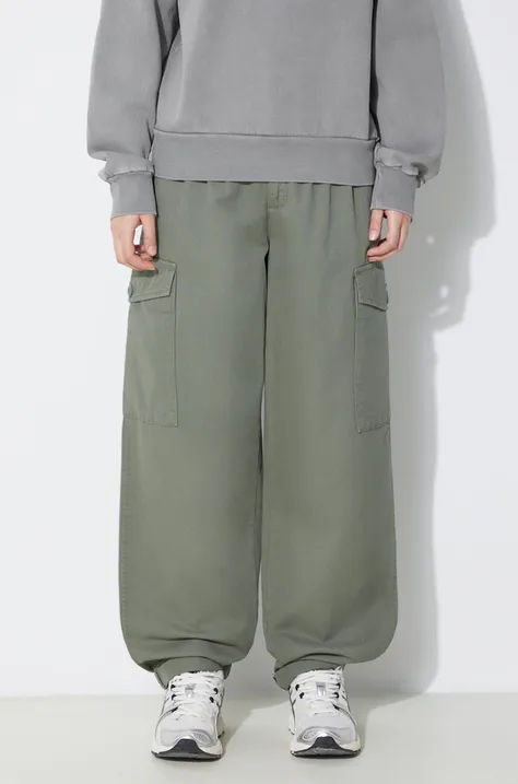 Памучен панталон Carhartt WIP Collins Pant в зелено с широка каройка, с висока талия I029789.1YFGD