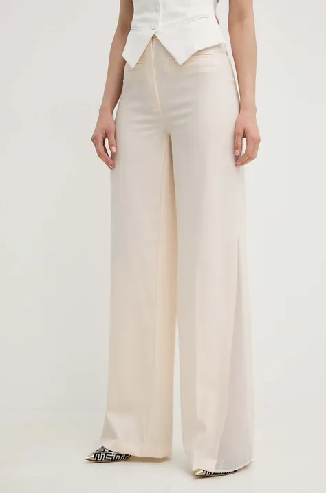 Vlněné kalhoty Elisabetta Franchi béžová barva, široké, high waist, PA03742E2
