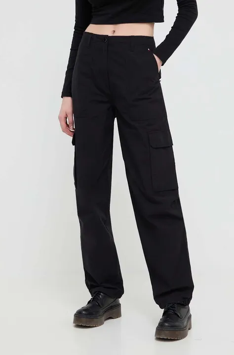 Nohavice Tommy Jeans dámske, čierna farba, rovné, vysoký pás