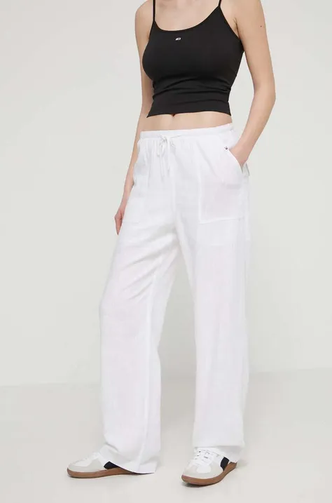 Nohavice s prímesou ľanu Tommy Jeans biela farba, široké, vysoký pás, DW0DW17965