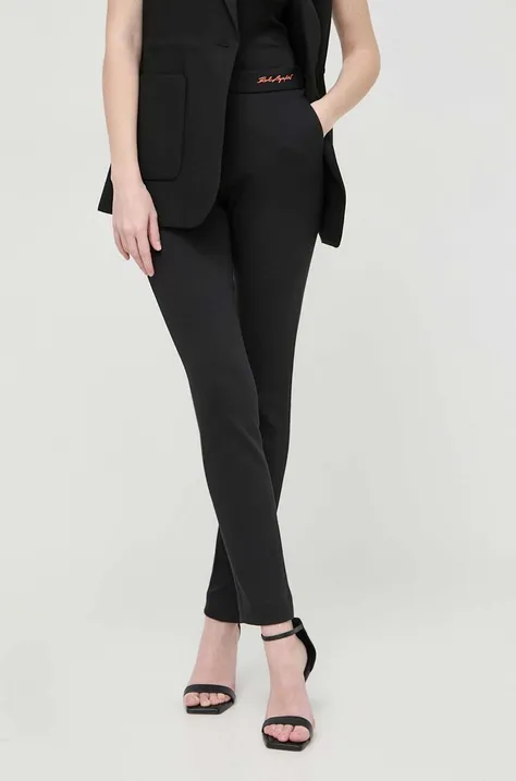 Hlače Karl Lagerfeld za žene, boja: crna, uski kroj, visoki struk