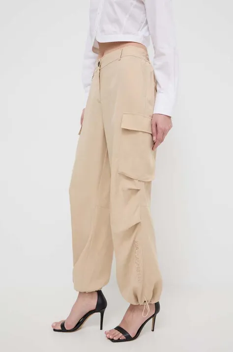 Nohavice s prímesou ľanu Karl Lagerfeld béžová farba, strih cargo, vysoký pás