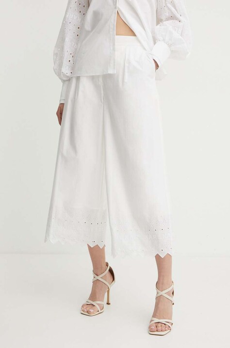 Karl Lagerfeld pantaloni de bumbac culoarea bej, drept, high waist