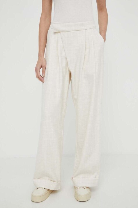 Won Hundred pantaloni femei, culoarea bej, drept, high waist 2824-14233