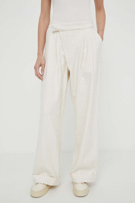 Won Hundred pantaloni femei, culoarea bej, drept, high waist 2824-14233