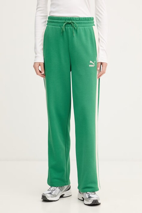 Puma pantaloni de trening femei ICONIC T7 verzi high waist 625411