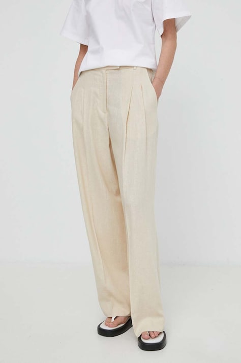 By Malene Birger spodnie lniane kolor beżowy proste high waist