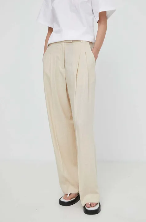 By Malene Birger spodnie lniane kolor beżowy proste high waist