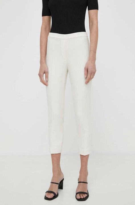 Theory pantaloni femei, culoarea bej, mulata, high waist