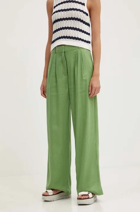 Lněné kalhoty Abercrombie & Fitch zelená barva, široké, high waist