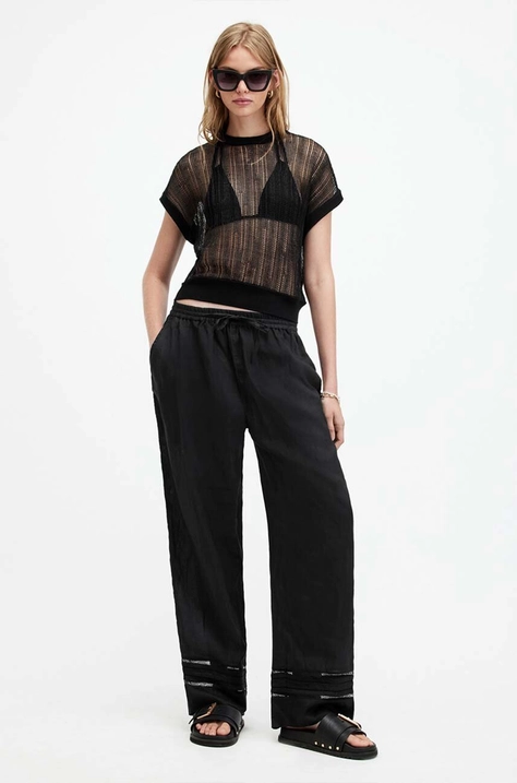 Ленен панталон AllSaints JADE LINEN TROUSER в черно със стандартна кройка, с висока талия W028TA