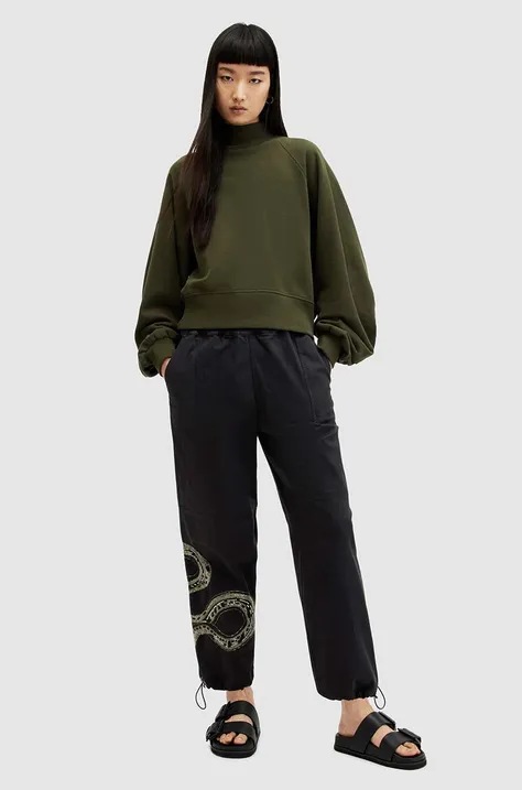 Pamučne hlače AllSaints YAS EMB TROUSER boja: crna, ravni kroj, srednje visoki struk, WP512Z