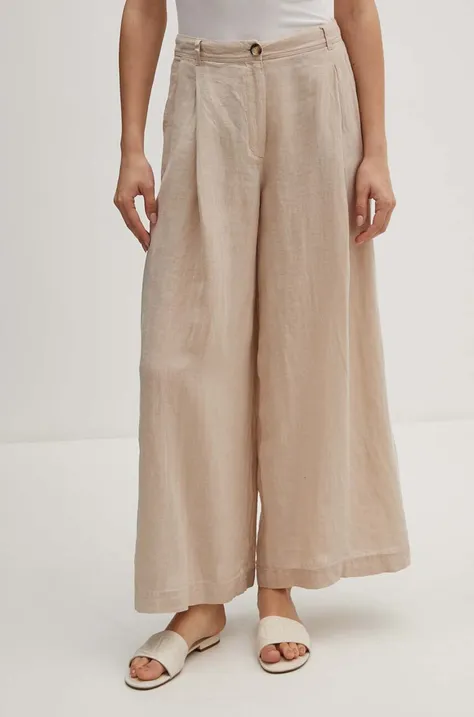 Ľanové nohavice Sisley béžová farba, rovné, vysoký pás, 41I4LF04E