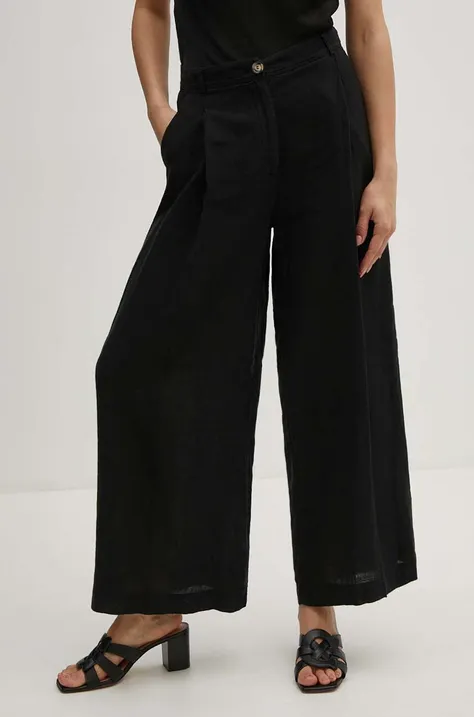 Ľanové nohavice Sisley čierna farba, rovné, vysoký pás, 41I4LF04E