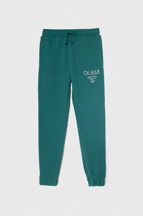 Guess pantaloni de trening din bumbac pentru copii culoarea verde, cu imprimeu