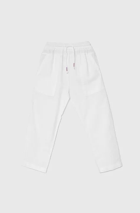 Otroške lanene hlače United Colors of Benetton bela barva