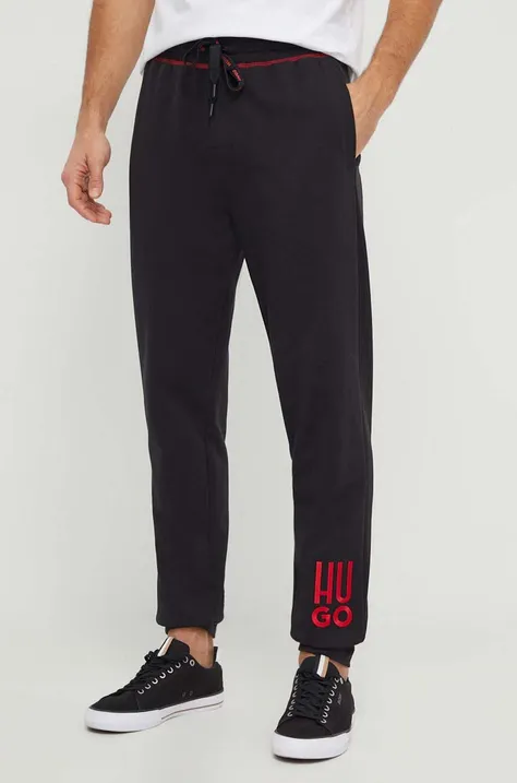 Бавовняні штани лаунж HUGO колір чорний з аплікацією