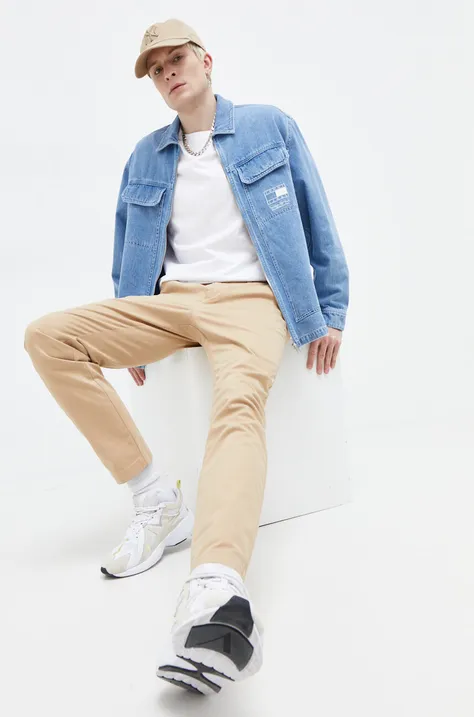 Kalhoty Tommy Jeans pánské, béžová barva, jednoduché, DM0DM18339