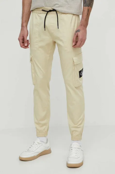 Nohavice Calvin Klein Jeans pánske, béžová farba, strih cargo