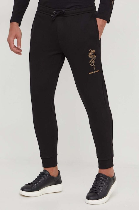 Armani Exchange pantaloni de trening din bumbac culoarea negru, cu aplicații