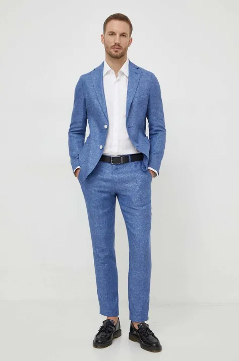 BOSS spodnie lniane kolor niebieski dopasowane