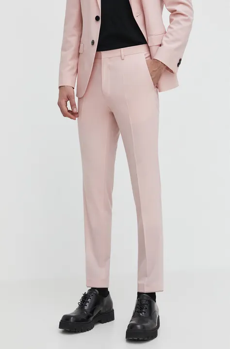 HUGO spodnie z domieszką wełny kolor różowy dopasowane