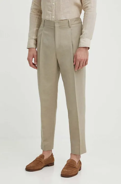 Nohavice s prímesou ľanu Calvin Klein béžová farba, strih chinos, K10K112879