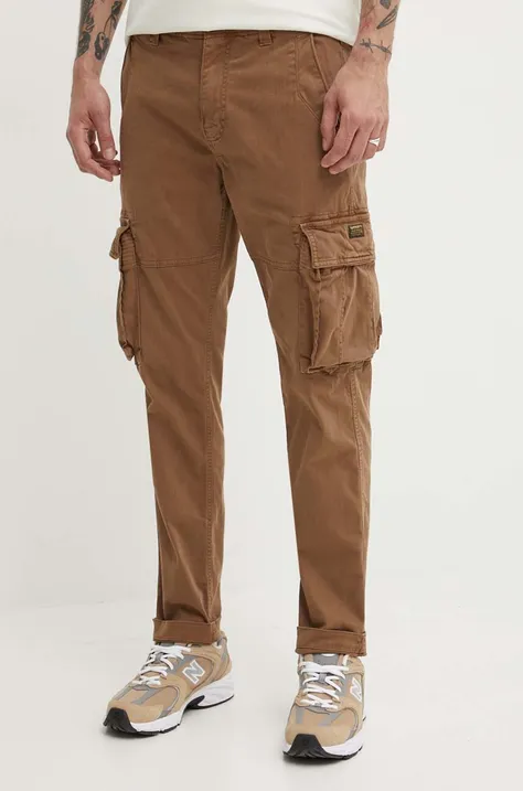 Kalhoty Superdry pánské, hnědá barva, přiléhavé