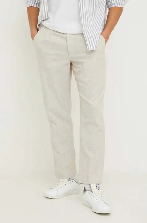 Kalhoty s příměsí lnu Abercrombie & Fitch béžová barva