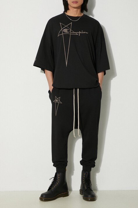 Nohavice Rick Owens x Champion Prisoner Drawstring pánske, čierna farba, s nášivkou, CM01D9245