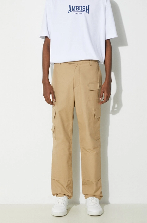 AMBUSH pantaloni in cotone Slim Cargo Pants Tree colore marrone BMCF001S24FAB