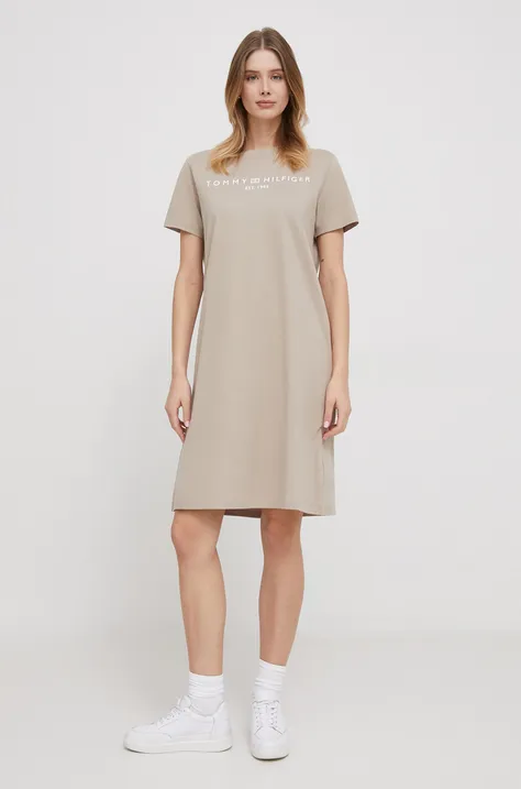 Pamučna haljina Tommy Hilfiger boja: bež, mini, ravna