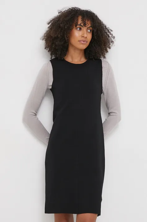 Šaty s prímesou vlny Calvin Klein čierna farba, mini, rovný strih