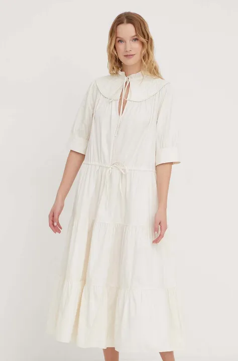 Bavlnené šaty Polo Ralph Lauren béžová farba, midi, áčkový strih