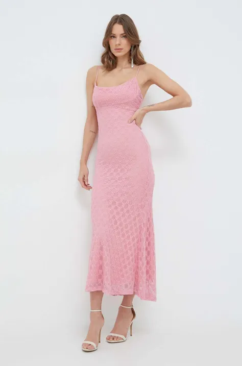 Bardot sukienka kolor różowy maxi dopasowana