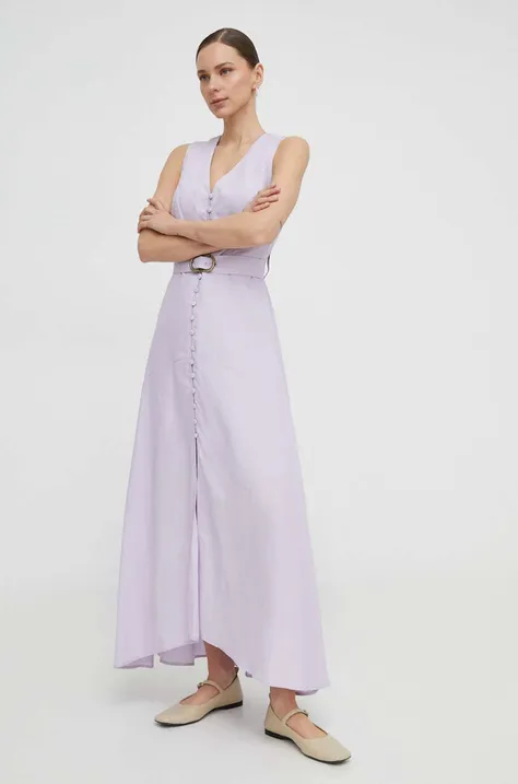 Twinset sukienka z domieszką lnu kolor fioletowy maxi rozkloszowana
