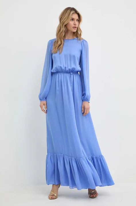 Luisa Spagnoli sukienka jedwabna RUNWAY COLLECTION kolor niebieski maxi rozkloszowana 541114